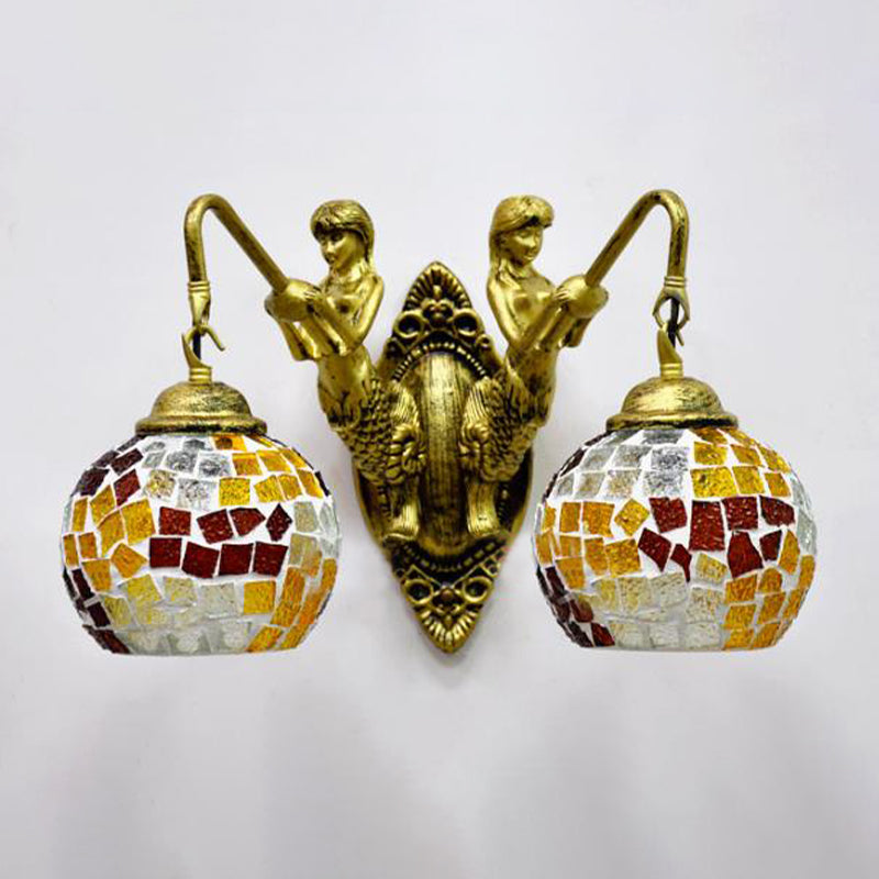 2 Lights Wall Mount Lighting Mediterranean Spherical Stained Glass Sconce Light in Red/Yellow/Orange with Mermaid Arm Yellow Clearhalo 'Industrial' 'Middle century wall lights' 'Tiffany wall lights' 'Tiffany' 'Wall Lamps & Sconces' 'Wall Lights' Lighting' 303051