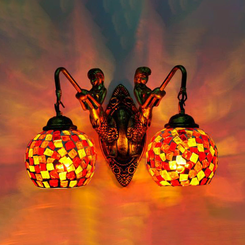 2 Lights Wall Mount Lighting Mediterranean Spherical Stained Glass Sconce Light in Red/Yellow/Orange with Mermaid Arm Red Clearhalo 'Industrial' 'Middle century wall lights' 'Tiffany wall lights' 'Tiffany' 'Wall Lamps & Sconces' 'Wall Lights' Lighting' 303052