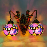 2 Lights Wall Mount Lighting Mediterranean Spherical Stained Glass Sconce Light in Red/Yellow/Orange with Mermaid Arm Purple Clearhalo 'Industrial' 'Middle century wall lights' 'Tiffany wall lights' 'Tiffany' 'Wall Lamps & Sconces' 'Wall Lights' Lighting' 303053