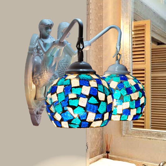 Cut Glass Red/Pink/Yellow Vanity Lamp Globe Shade 2 Lights Mediterranean Sconce Light Fixture for Bathroom Ocean Blue Clearhalo 'Industrial' 'Middle century wall lights' 'Tiffany wall lights' 'Tiffany' 'Wall Lamps & Sconces' 'Wall Lights' Lighting' 303075