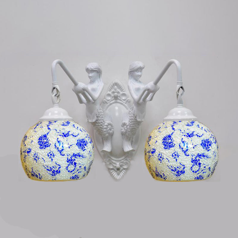 Cut Glass Red/Pink/Yellow Vanity Lamp Globe Shade 2 Lights Mediterranean Sconce Light Fixture for Bathroom Blue Clearhalo 'Industrial' 'Middle century wall lights' 'Tiffany wall lights' 'Tiffany' 'Wall Lamps & Sconces' 'Wall Lights' Lighting' 303077