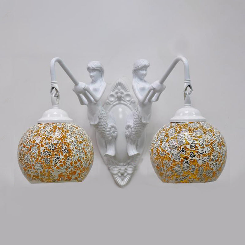 Cut Glass Red/Pink/Yellow Vanity Lamp Globe Shade 2 Lights Mediterranean Sconce Light Fixture for Bathroom Orange Clearhalo 'Industrial' 'Middle century wall lights' 'Tiffany wall lights' 'Tiffany' 'Wall Lamps & Sconces' 'Wall Lights' Lighting' 303078