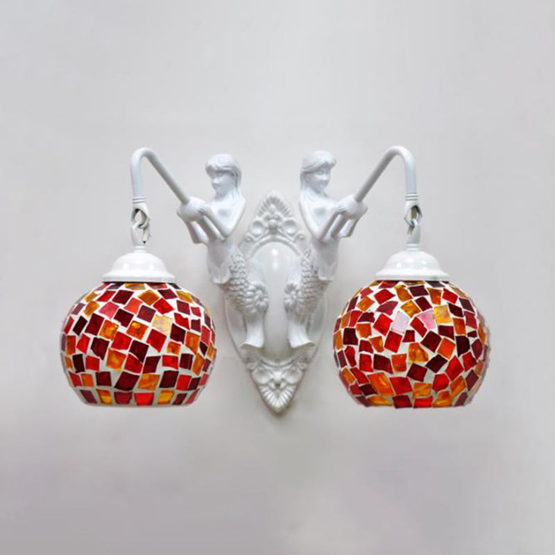 Cut Glass Red/Pink/Yellow Vanity Lamp Globe Shade 2 Lights Mediterranean Sconce Light Fixture for Bathroom Pink Clearhalo 'Industrial' 'Middle century wall lights' 'Tiffany wall lights' 'Tiffany' 'Wall Lamps & Sconces' 'Wall Lights' Lighting' 303080