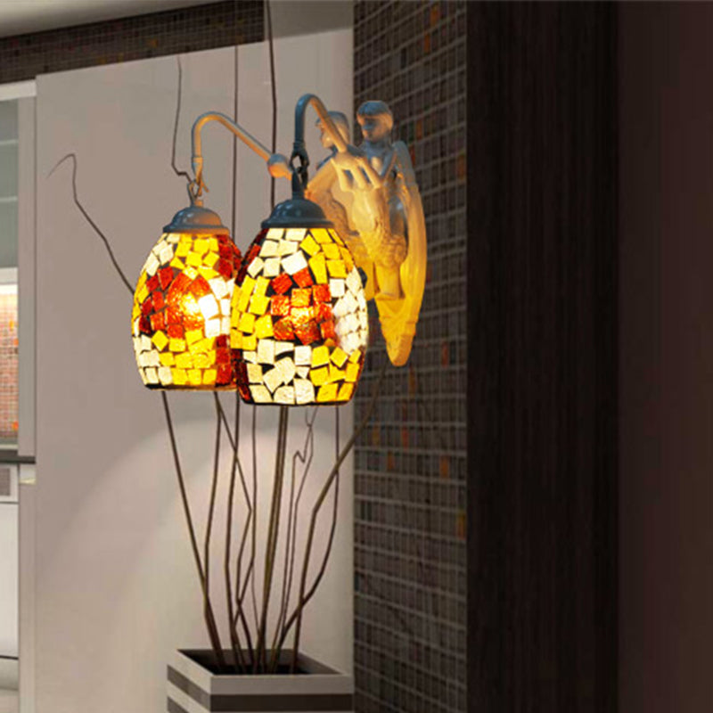 Tiffany Mermaid Wall Mount Lighting 2 Lights Stained Art Glass Sconce in Yellow/Purple/Gold with Globe Shade Yellow Clearhalo 'Industrial' 'Middle century wall lights' 'Tiffany wall lights' 'Tiffany' 'Wall Lamps & Sconces' 'Wall Lights' Lighting' 303102