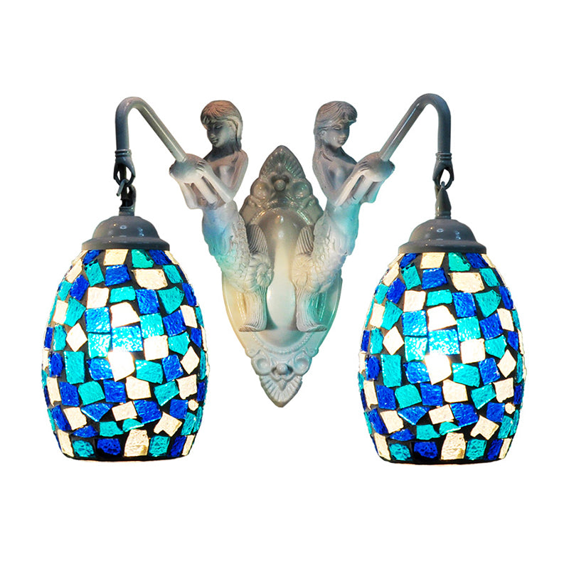 Tiffany Mermaid Wall Mount Lighting 2 Lights Stained Art Glass Sconce in Yellow/Purple/Gold with Globe Shade Blue Clearhalo 'Industrial' 'Middle century wall lights' 'Tiffany wall lights' 'Tiffany' 'Wall Lamps & Sconces' 'Wall Lights' Lighting' 303104