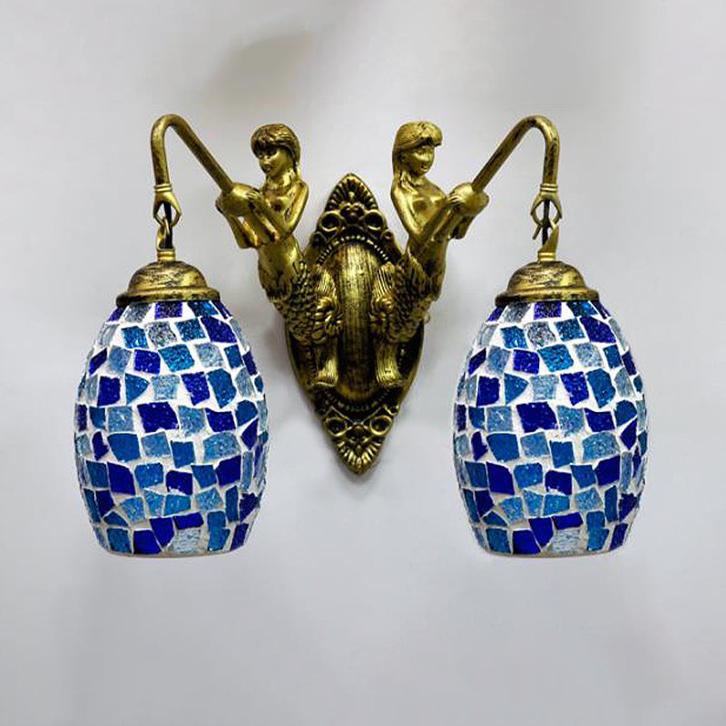 Mermaid Wall Mounted Lamp Mediterranean Hand Cut Glass 2 Lights White/Red/Yellow Sconce Light Fixture Ocean Blue Clearhalo 'Industrial' 'Middle century wall lights' 'Tiffany wall lights' 'Tiffany' 'Wall Lamps & Sconces' 'Wall Lights' Lighting' 303126