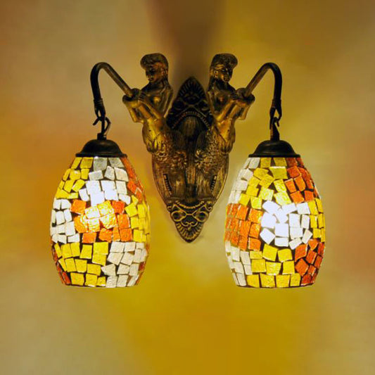Mermaid Wall Mounted Lamp Mediterranean Hand Cut Glass 2 Lights White/Red/Yellow Sconce Light Fixture Yellow Clearhalo 'Industrial' 'Middle century wall lights' 'Tiffany wall lights' 'Tiffany' 'Wall Lamps & Sconces' 'Wall Lights' Lighting' 303128