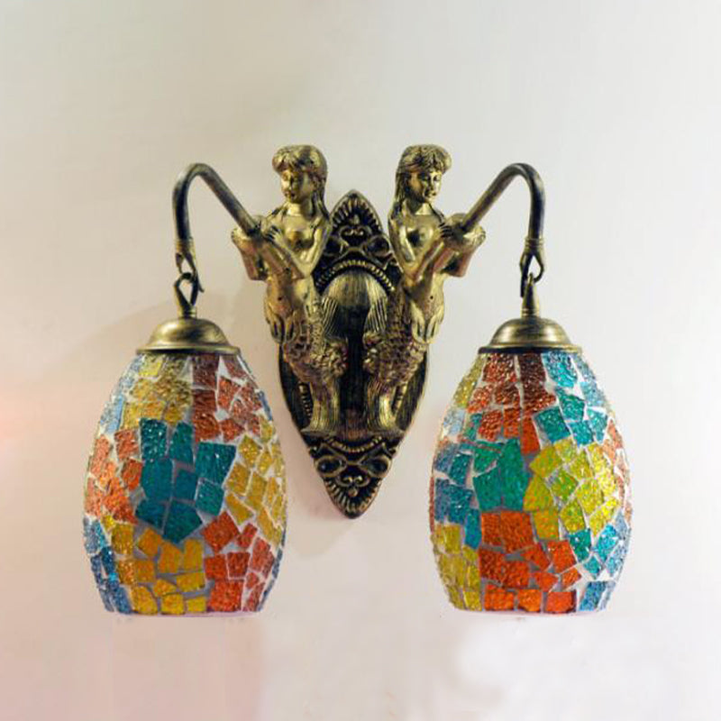 Mermaid Wall Mounted Lamp Mediterranean Hand Cut Glass 2 Lights White/Red/Yellow Sconce Light Fixture Blue Clearhalo 'Industrial' 'Middle century wall lights' 'Tiffany wall lights' 'Tiffany' 'Wall Lamps & Sconces' 'Wall Lights' Lighting' 303129