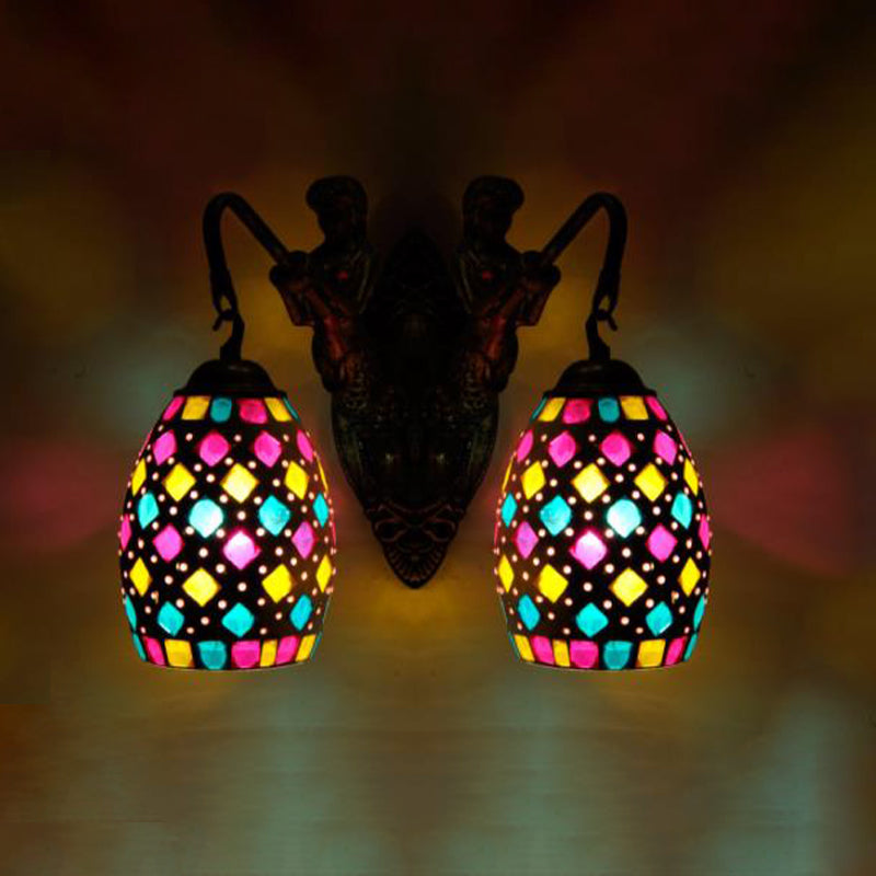 Mermaid Wall Mounted Lamp Mediterranean Hand Cut Glass 2 Lights White/Red/Yellow Sconce Light Fixture Rose Red Clearhalo 'Industrial' 'Middle century wall lights' 'Tiffany wall lights' 'Tiffany' 'Wall Lamps & Sconces' 'Wall Lights' Lighting' 303130