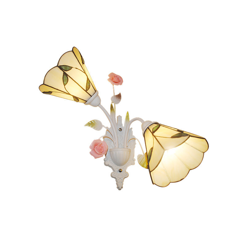 2 Lights Living Room Wall Mounted Light Baroque White Sconce with Conical Stained Glass Shade Clearhalo 'Industrial' 'Middle century wall lights' 'Tiffany wall lights' 'Tiffany' 'Wall Lamps & Sconces' 'Wall Lights' Lighting' 303132