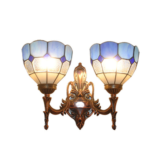 Stained Glass Domed Shade Wall Mounted Lighting Baroque 2 Lights Blue/Gold/Tan Sconce Light for Bedroom Blue Clearhalo 'Industrial' 'Middle century wall lights' 'Tiffany wall lights' 'Tiffany' 'Wall Lamps & Sconces' 'Wall Lights' Lighting' 303142