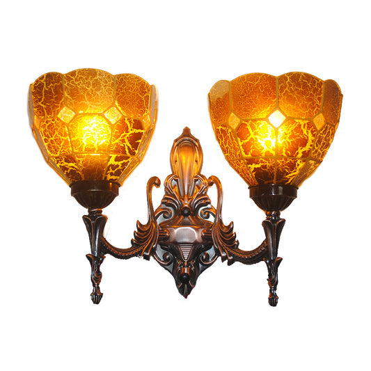 Stained Glass Domed Shade Wall Mounted Lighting Baroque 2 Lights Blue/Gold/Tan Sconce Light for Bedroom Tan Clearhalo 'Industrial' 'Middle century wall lights' 'Tiffany wall lights' 'Tiffany' 'Wall Lamps & Sconces' 'Wall Lights' Lighting' 303143