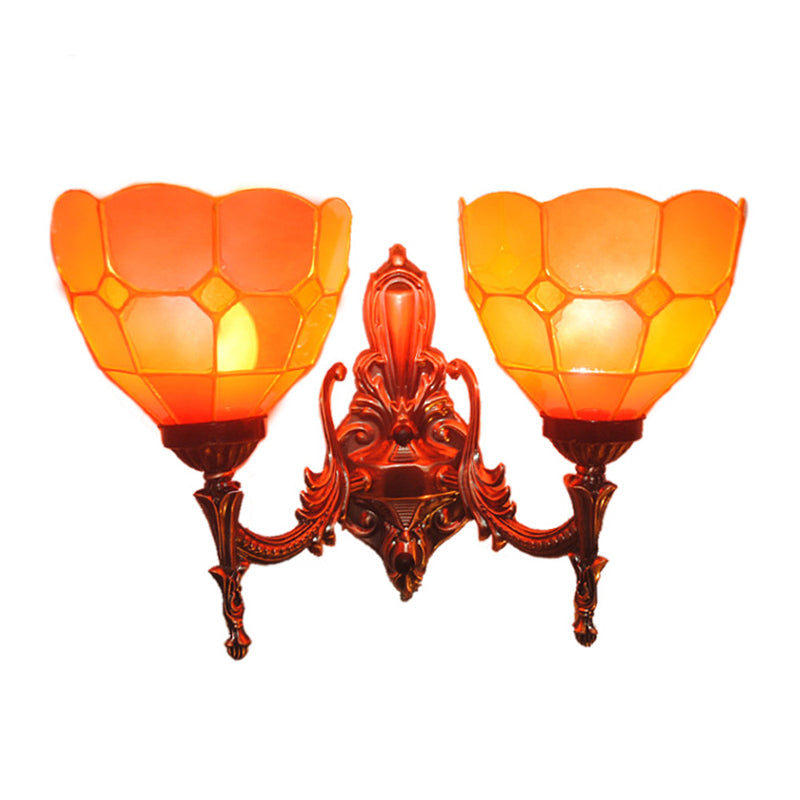 Stained Glass Domed Shade Wall Mounted Lighting Baroque 2 Lights Blue/Gold/Tan Sconce Light for Bedroom Gold Clearhalo 'Industrial' 'Middle century wall lights' 'Tiffany wall lights' 'Tiffany' 'Wall Lamps & Sconces' 'Wall Lights' Lighting' 303144