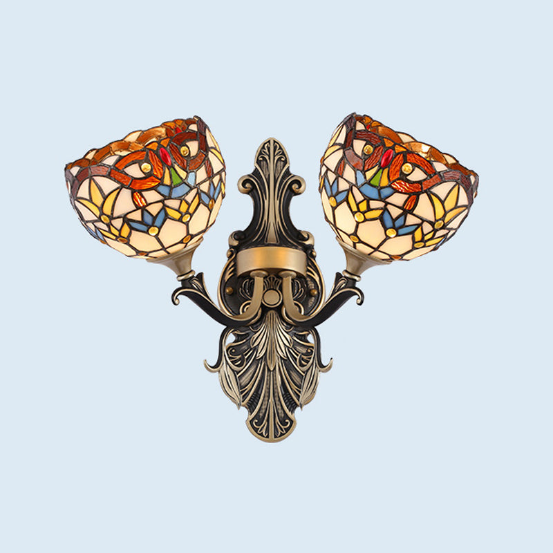 Cut Glass White/Red/Yellow Wall Lighting Idea Blossom/Domed 2 Lights Tiffany Stylish Sconce with Curved Arm Yellow Clearhalo 'Industrial' 'Middle century wall lights' 'Tiffany wall lights' 'Tiffany' 'Wall Lamps & Sconces' 'Wall Lights' Lighting' 303175