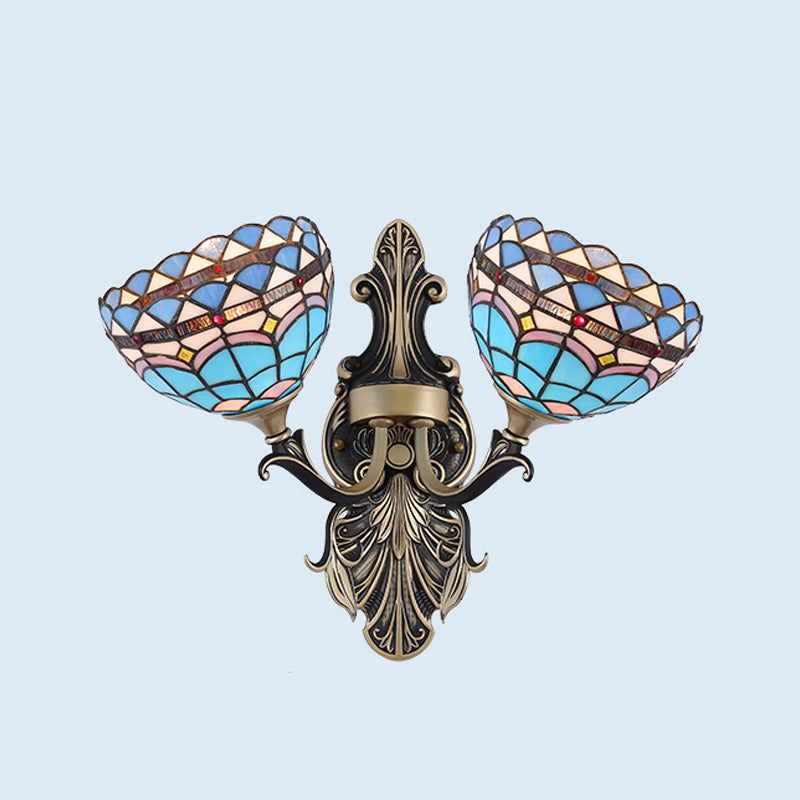 Cut Glass White/Red/Yellow Wall Lighting Idea Blossom/Domed 2 Lights Tiffany Stylish Sconce with Curved Arm Light Blue Clearhalo 'Industrial' 'Middle century wall lights' 'Tiffany wall lights' 'Tiffany' 'Wall Lamps & Sconces' 'Wall Lights' Lighting' 303177