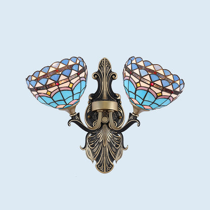 Cut Glass White/Red/Yellow Wall Lighting Idea Blossom/Domed 2 Lights Tiffany Stylish Sconce with Curved Arm Light Blue Clearhalo 'Industrial' 'Middle century wall lights' 'Tiffany wall lights' 'Tiffany' 'Wall Lamps & Sconces' 'Wall Lights' Lighting' 303177