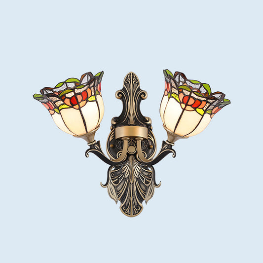 Cut Glass White/Red/Yellow Wall Lighting Idea Blossom/Domed 2 Lights Tiffany Stylish Sconce with Curved Arm White Clearhalo 'Industrial' 'Middle century wall lights' 'Tiffany wall lights' 'Tiffany' 'Wall Lamps & Sconces' 'Wall Lights' Lighting' 303178