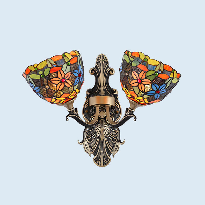 Cut Glass White/Red/Yellow Wall Lighting Idea Blossom/Domed 2 Lights Tiffany Stylish Sconce with Curved Arm Orange Clearhalo 'Industrial' 'Middle century wall lights' 'Tiffany wall lights' 'Tiffany' 'Wall Lamps & Sconces' 'Wall Lights' Lighting' 303180