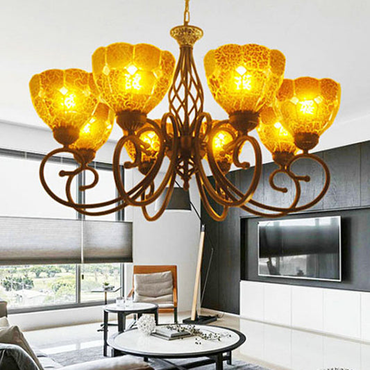 Curved Arm Chandelier Lighting Fixture Tiffany Tan Crackle Glass 8 Lights Gold Pendant Lamp Gold Clearhalo 'Ceiling Lights' 'Chandeliers' 'Glass shade' 'Glass' 'Industrial' 'Middle Century Chandeliers' 'Pendant Lights' 'Tiffany Chandeliers' 'Tiffany close to ceiling' 'Tiffany' Lighting' 303204