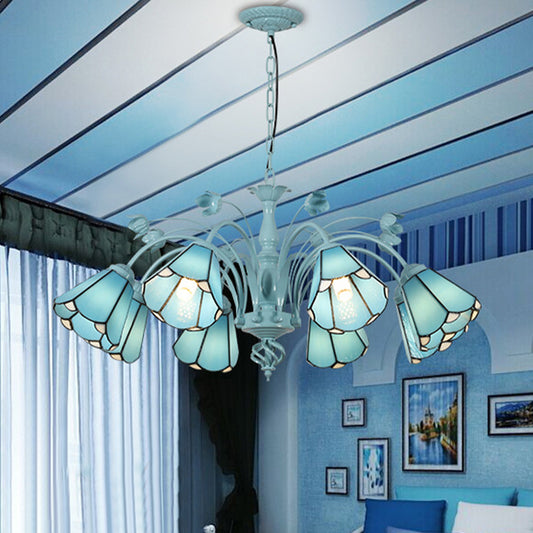 Conical Chandelier Pendant Light 3/6/8 Lights Stained Art Glass Baroque Hanging Lamp Kit in Blue/Dark Blue for Living Room 8 Blue Clearhalo 'Ceiling Lights' 'Chandeliers' 'Close To Ceiling Lights' 'Glass shade' 'Glass' 'Industrial' 'Middle Century Chandeliers' 'Tiffany Chandeliers' 'Tiffany close to ceiling' 'Tiffany' Lighting' 303274