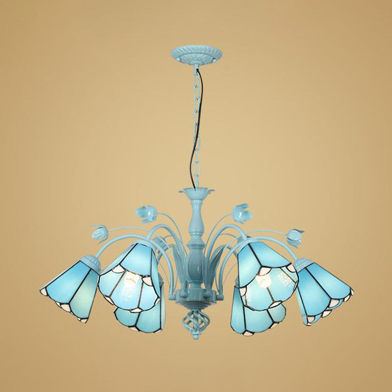 Conical Chandelier Pendant Light 3/6/8 Lights Stained Art Glass Baroque Hanging Lamp Kit in Blue/Dark Blue for Living Room Clearhalo 'Ceiling Lights' 'Chandeliers' 'Close To Ceiling Lights' 'Glass shade' 'Glass' 'Industrial' 'Middle Century Chandeliers' 'Tiffany Chandeliers' 'Tiffany close to ceiling' 'Tiffany' Lighting' 303277
