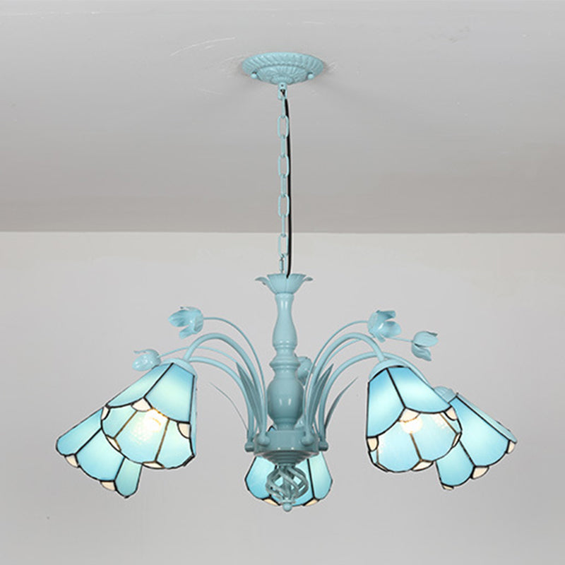 Conical Chandelier Pendant Light 3/6/8 Lights Stained Art Glass Baroque Hanging Lamp Kit in Blue/Dark Blue for Living Room 5 Blue Clearhalo 'Ceiling Lights' 'Chandeliers' 'Close To Ceiling Lights' 'Glass shade' 'Glass' 'Industrial' 'Middle Century Chandeliers' 'Tiffany Chandeliers' 'Tiffany close to ceiling' 'Tiffany' Lighting' 303278