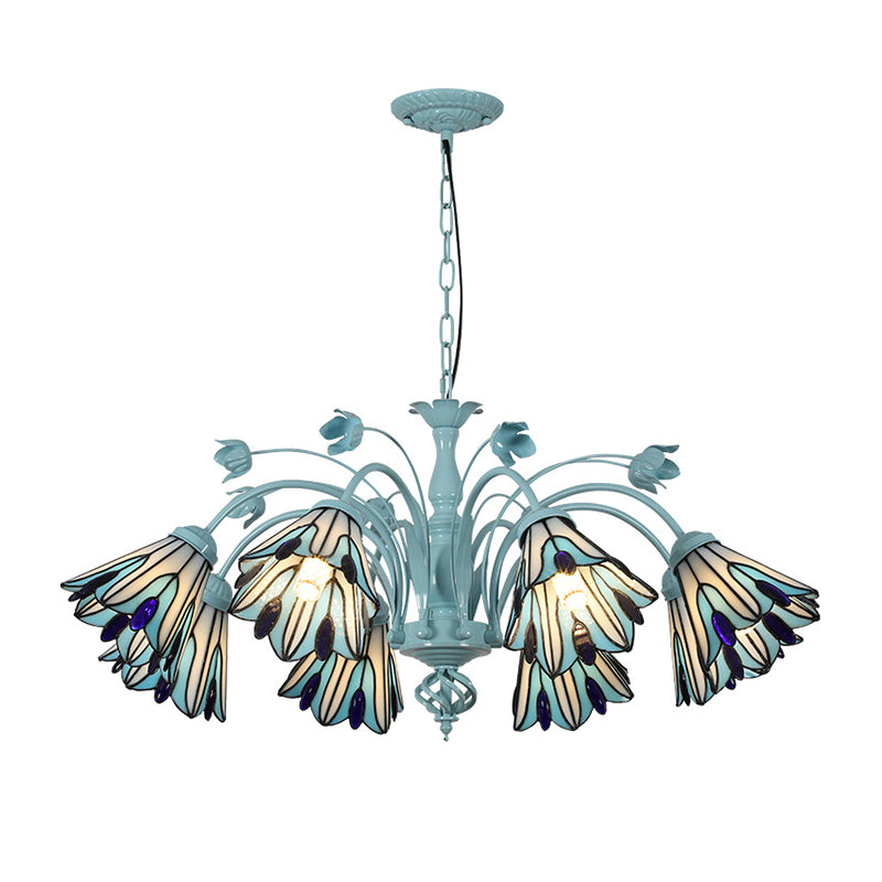 Conical Chandelier Pendant Light 3/6/8 Lights Stained Art Glass Baroque Hanging Lamp Kit in Blue/Dark Blue for Living Room Clearhalo 'Ceiling Lights' 'Chandeliers' 'Close To Ceiling Lights' 'Glass shade' 'Glass' 'Industrial' 'Middle Century Chandeliers' 'Tiffany Chandeliers' 'Tiffany close to ceiling' 'Tiffany' Lighting' 303282