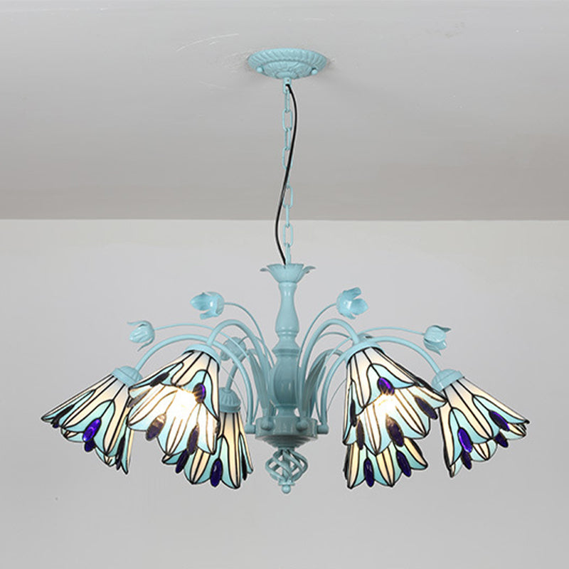 Conical Chandelier Pendant Light 3/6/8 Lights Stained Art Glass Baroque Hanging Lamp Kit in Blue/Dark Blue for Living Room Clearhalo 'Ceiling Lights' 'Chandeliers' 'Close To Ceiling Lights' 'Glass shade' 'Glass' 'Industrial' 'Middle Century Chandeliers' 'Tiffany Chandeliers' 'Tiffany close to ceiling' 'Tiffany' Lighting' 303283