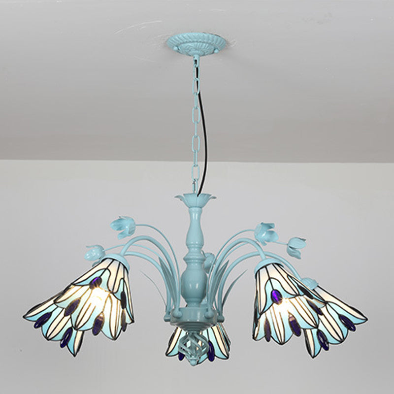 Conical Chandelier Pendant Light 3/6/8 Lights Stained Art Glass Baroque Hanging Lamp Kit in Blue/Dark Blue for Living Room Clearhalo 'Ceiling Lights' 'Chandeliers' 'Close To Ceiling Lights' 'Glass shade' 'Glass' 'Industrial' 'Middle Century Chandeliers' 'Tiffany Chandeliers' 'Tiffany close to ceiling' 'Tiffany' Lighting' 303285