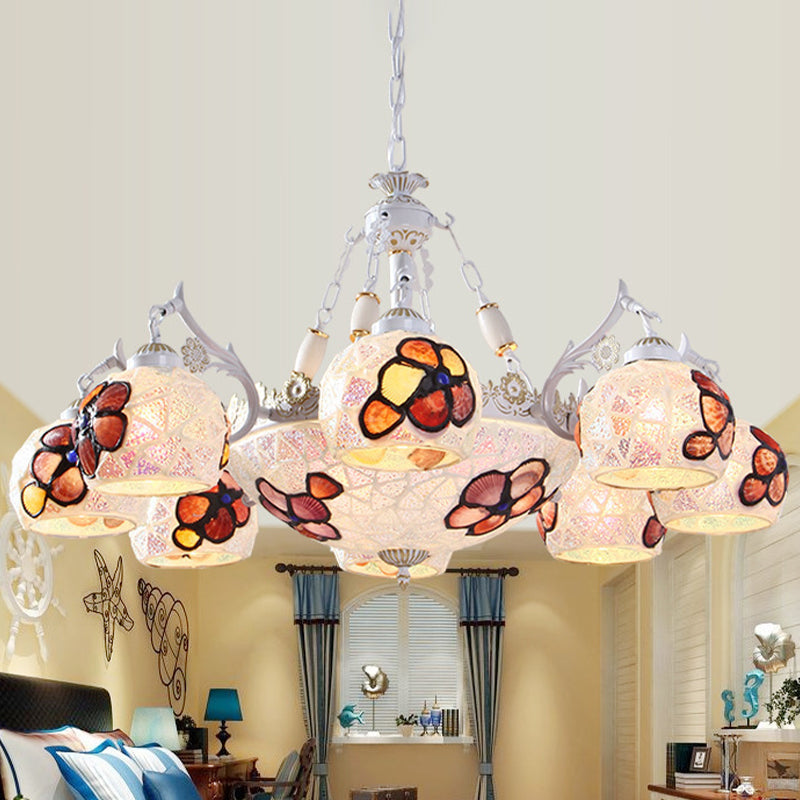 Flower Chandelier Lighting Fixture Tiffany Stained Art Glass 5/9/11 Lights White Ceiling Pendant Clearhalo 'Ceiling Lights' 'Chandeliers' 'Industrial' 'Middle Century Chandeliers' 'Tiffany Chandeliers' 'Tiffany close to ceiling' 'Tiffany' Lighting' 303289