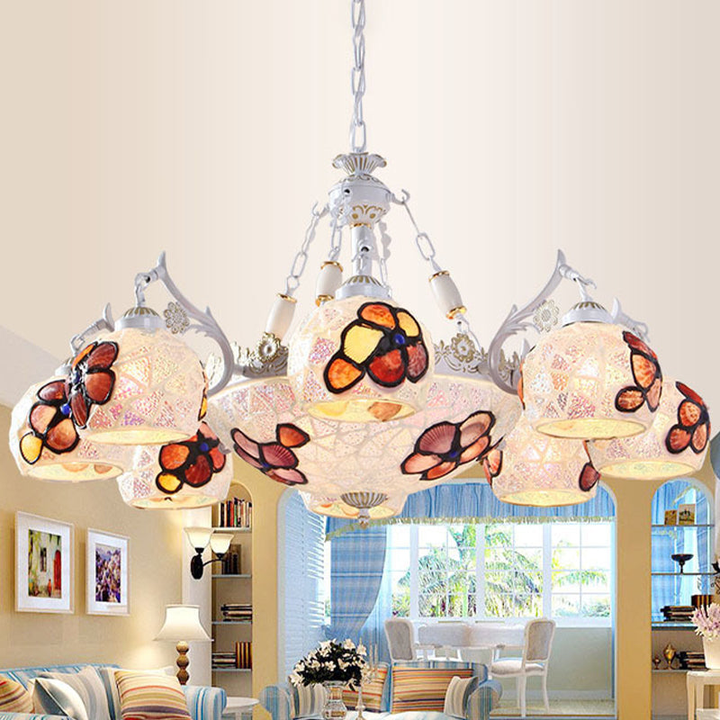 Flower Chandelier Lighting Fixture Tiffany Stained Art Glass 5/9/11 Lights White Ceiling Pendant Clearhalo 'Ceiling Lights' 'Chandeliers' 'Industrial' 'Middle Century Chandeliers' 'Tiffany Chandeliers' 'Tiffany close to ceiling' 'Tiffany' Lighting' 303290