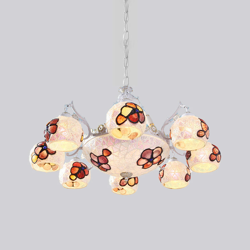 Flower Chandelier Lighting Fixture Tiffany Stained Art Glass 5/9/11 Lights White Ceiling Pendant Clearhalo 'Ceiling Lights' 'Chandeliers' 'Industrial' 'Middle Century Chandeliers' 'Tiffany Chandeliers' 'Tiffany close to ceiling' 'Tiffany' Lighting' 303291