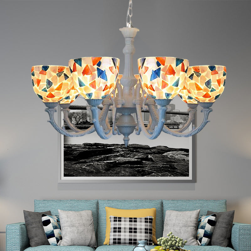 White Mosaic Chandelier Mediterranean 3/5/8 Lights Shell Ceiling Pendant Light for Living Room 8 Multi-Color Clearhalo 'Ceiling Lights' 'Chandeliers' 'Industrial' 'Middle Century Chandeliers' 'Tiffany Chandeliers' 'Tiffany close to ceiling' 'Tiffany' Lighting' 303301