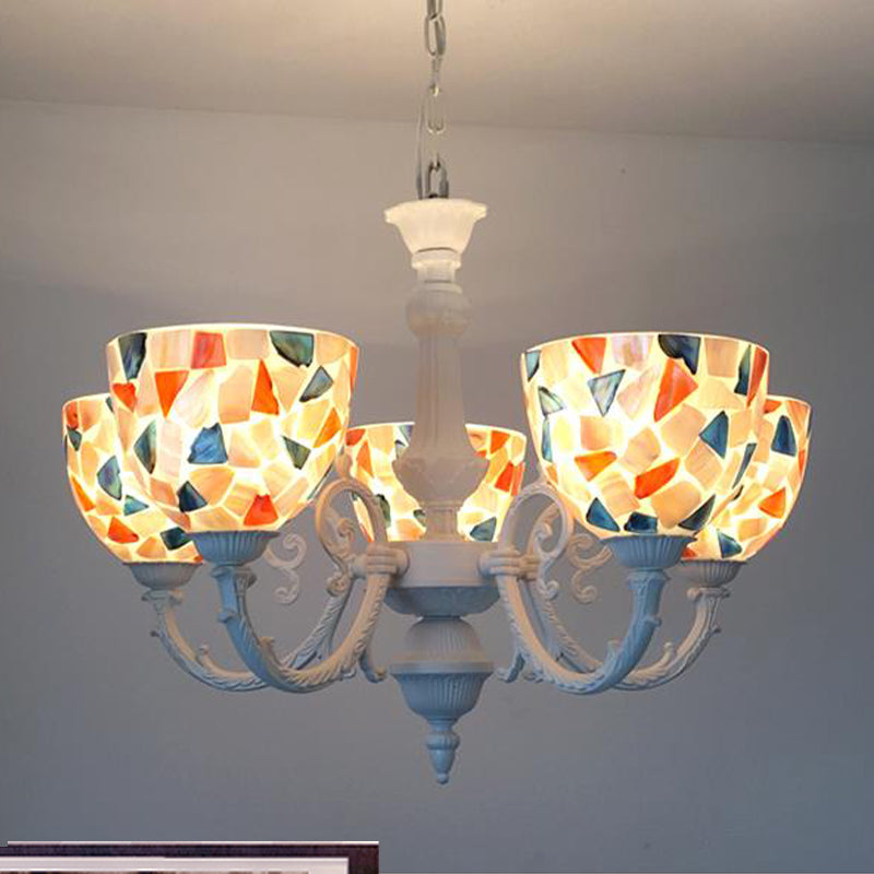 White Mosaic Chandelier Mediterranean 3/5/8 Lights Shell Ceiling Pendant Light for Living Room 5 Multi-Color Clearhalo 'Ceiling Lights' 'Chandeliers' 'Industrial' 'Middle Century Chandeliers' 'Tiffany Chandeliers' 'Tiffany close to ceiling' 'Tiffany' Lighting' 303306