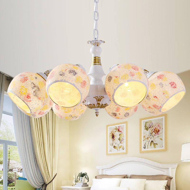Mediterranean Spherical Chandelier Lamp 5/6/8 Lights Stained Glass Hanging Light Fixture in White 8 White Clearhalo 'Ceiling Lights' 'Chandeliers' 'Industrial' 'Middle Century Chandeliers' 'Tiffany Chandeliers' 'Tiffany close to ceiling' 'Tiffany' Lighting' 303311