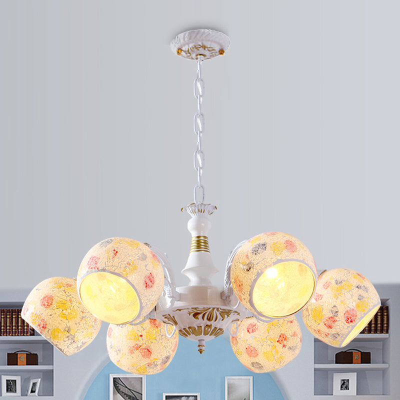Mediterranean Spherical Chandelier Lamp 5/6/8 Lights Stained Glass Hanging Light Fixture in White 6 White Clearhalo 'Ceiling Lights' 'Chandeliers' 'Industrial' 'Middle Century Chandeliers' 'Tiffany Chandeliers' 'Tiffany close to ceiling' 'Tiffany' Lighting' 303316