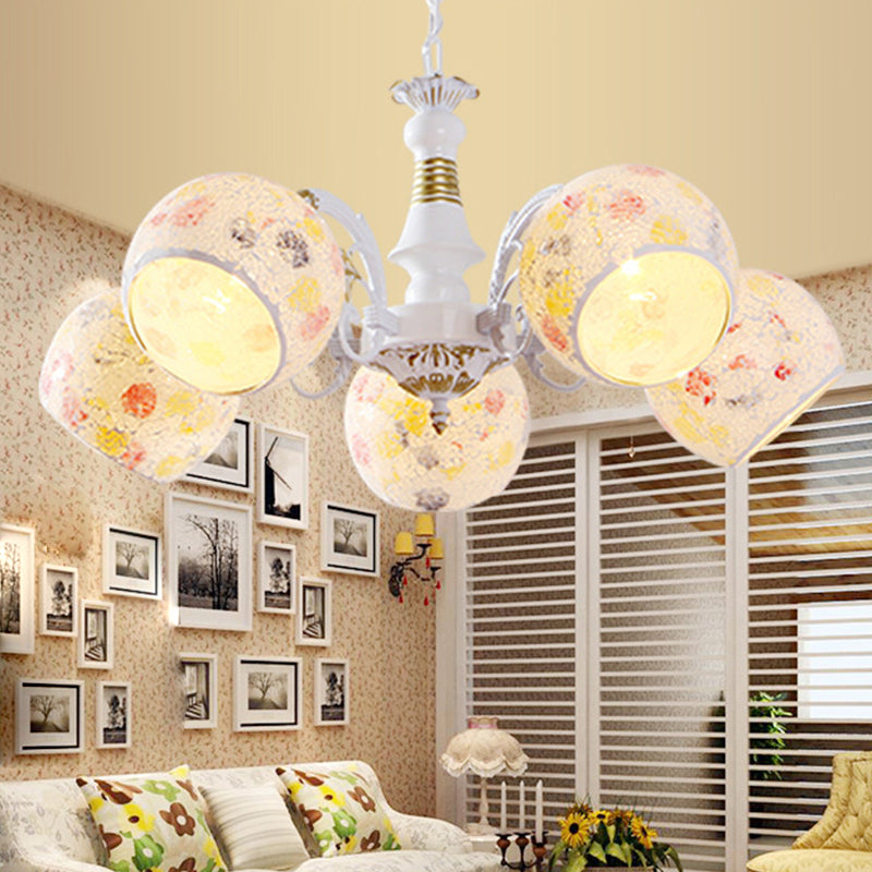 Mediterranean Spherical Chandelier Lamp 5/6/8 Lights Stained Glass Hanging Light Fixture in White 5 White Clearhalo 'Ceiling Lights' 'Chandeliers' 'Industrial' 'Middle Century Chandeliers' 'Tiffany Chandeliers' 'Tiffany close to ceiling' 'Tiffany' Lighting' 303319