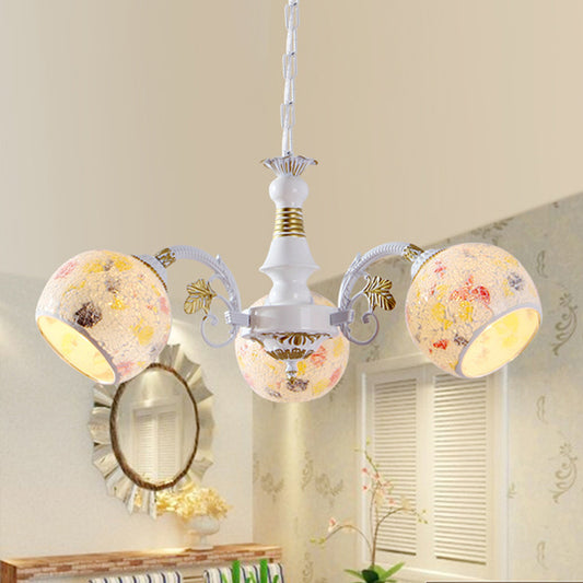 Mediterranean Spherical Chandelier Lamp 5/6/8 Lights Stained Glass Hanging Light Fixture in White 3 White Clearhalo 'Ceiling Lights' 'Chandeliers' 'Industrial' 'Middle Century Chandeliers' 'Tiffany Chandeliers' 'Tiffany close to ceiling' 'Tiffany' Lighting' 303322