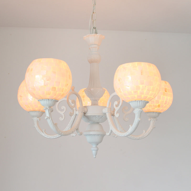 Shell White Chandelier Lighting Fixture Curving Arm 3/5/8 Lights Tiffany Style Hanging Light 5 White Clearhalo 'Ceiling Lights' 'Chandeliers' 'Industrial' 'Middle Century Chandeliers' 'Tiffany Chandeliers' 'Tiffany close to ceiling' 'Tiffany' Lighting' 303325