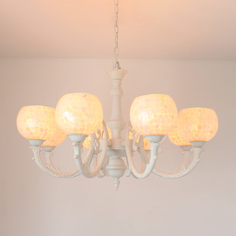 Shell White Chandelier Lighting Fixture Curving Arm 3/5/8 Lights Tiffany Style Hanging Light 8 White Clearhalo 'Ceiling Lights' 'Chandeliers' 'Industrial' 'Middle Century Chandeliers' 'Tiffany Chandeliers' 'Tiffany close to ceiling' 'Tiffany' Lighting' 303326