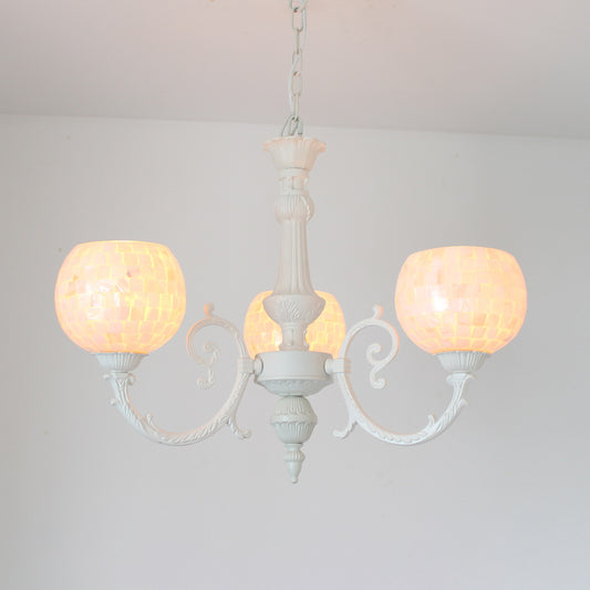 Shell White Chandelier Lighting Fixture Curving Arm 3/5/8 Lights Tiffany Style Hanging Light 3 White Clearhalo 'Ceiling Lights' 'Chandeliers' 'Industrial' 'Middle Century Chandeliers' 'Tiffany Chandeliers' 'Tiffany close to ceiling' 'Tiffany' Lighting' 303327