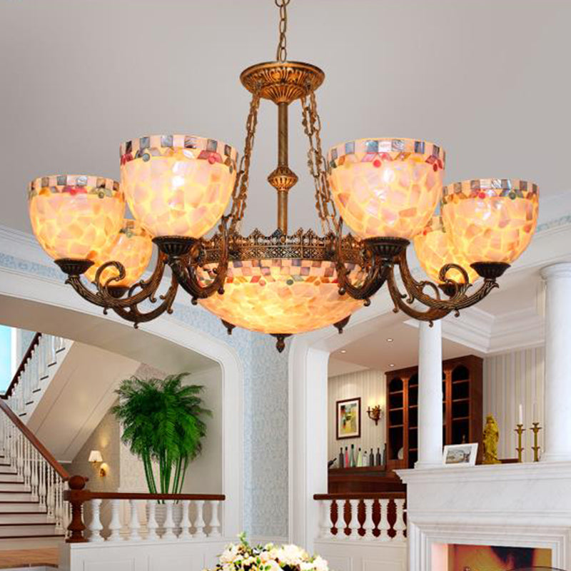 Shell Domed Ceiling Chandelier Tiffany Style 5/9/11 Lights Beige Suspension Pendant for Bedroom 11 Beige Clearhalo 'Ceiling Lights' 'Chandeliers' 'Industrial' 'Middle Century Chandeliers' 'Tiffany Chandeliers' 'Tiffany close to ceiling' 'Tiffany' Lighting' 303353
