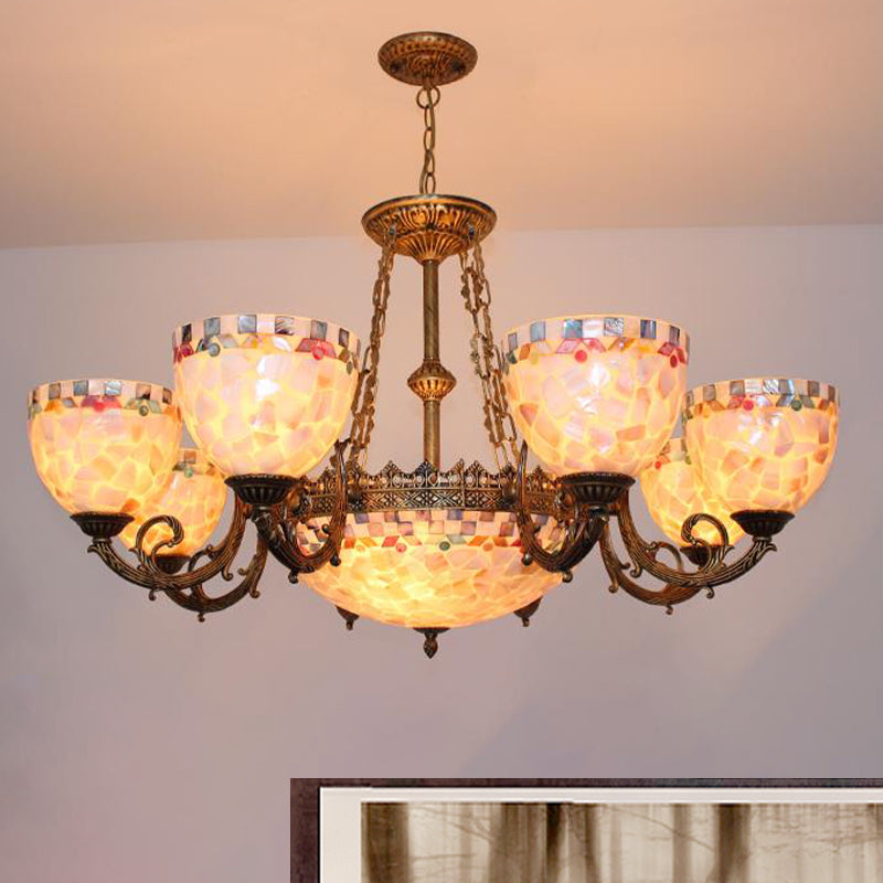 Shell Domed Ceiling Chandelier Tiffany Style 5/9/11 Lights Beige Suspension Pendant for Bedroom Clearhalo 'Ceiling Lights' 'Chandeliers' 'Industrial' 'Middle Century Chandeliers' 'Tiffany Chandeliers' 'Tiffany close to ceiling' 'Tiffany' Lighting' 303354