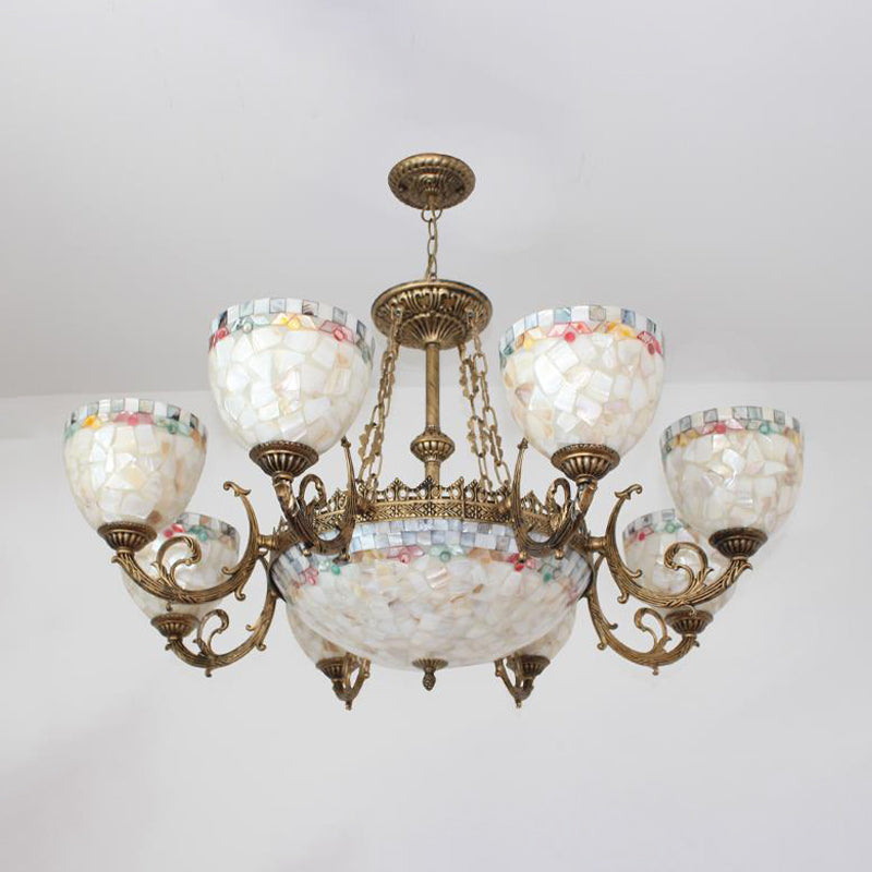 Shell Domed Ceiling Chandelier Tiffany Style 5/9/11 Lights Beige Suspension Pendant for Bedroom Clearhalo 'Ceiling Lights' 'Chandeliers' 'Industrial' 'Middle Century Chandeliers' 'Tiffany Chandeliers' 'Tiffany close to ceiling' 'Tiffany' Lighting' 303355