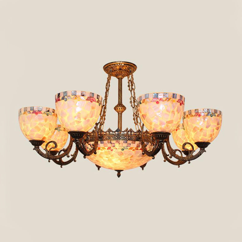 Shell Domed Ceiling Chandelier Tiffany Style 5/9/11 Lights Beige Suspension Pendant for Bedroom Clearhalo 'Ceiling Lights' 'Chandeliers' 'Industrial' 'Middle Century Chandeliers' 'Tiffany Chandeliers' 'Tiffany close to ceiling' 'Tiffany' Lighting' 303356