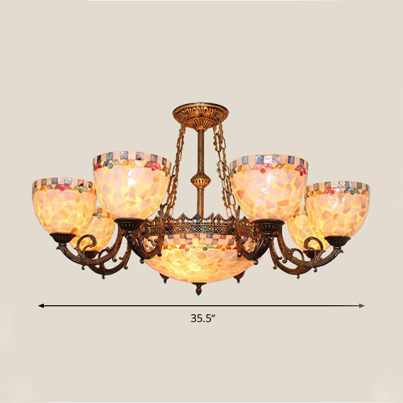 Shell Domed Ceiling Chandelier Tiffany Style 5/9/11 Lights Beige Suspension Pendant for Bedroom Clearhalo 'Ceiling Lights' 'Chandeliers' 'Industrial' 'Middle Century Chandeliers' 'Tiffany Chandeliers' 'Tiffany close to ceiling' 'Tiffany' Lighting' 303357