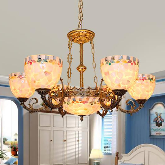 Shell Domed Ceiling Chandelier Tiffany Style 5/9/11 Lights Beige Suspension Pendant for Bedroom 9 Beige Clearhalo 'Ceiling Lights' 'Chandeliers' 'Industrial' 'Middle Century Chandeliers' 'Tiffany Chandeliers' 'Tiffany close to ceiling' 'Tiffany' Lighting' 303358