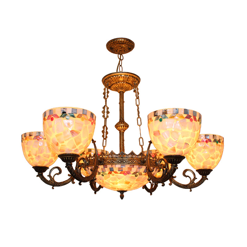 Shell Domed Ceiling Chandelier Tiffany Style 5/9/11 Lights Beige Suspension Pendant for Bedroom Clearhalo 'Ceiling Lights' 'Chandeliers' 'Industrial' 'Middle Century Chandeliers' 'Tiffany Chandeliers' 'Tiffany close to ceiling' 'Tiffany' Lighting' 303359