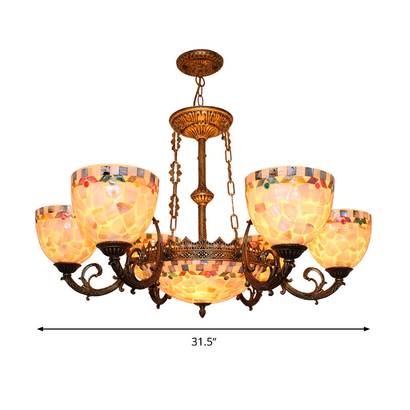 Shell Domed Ceiling Chandelier Tiffany Style 5/9/11 Lights Beige Suspension Pendant for Bedroom Clearhalo 'Ceiling Lights' 'Chandeliers' 'Industrial' 'Middle Century Chandeliers' 'Tiffany Chandeliers' 'Tiffany close to ceiling' 'Tiffany' Lighting' 303360