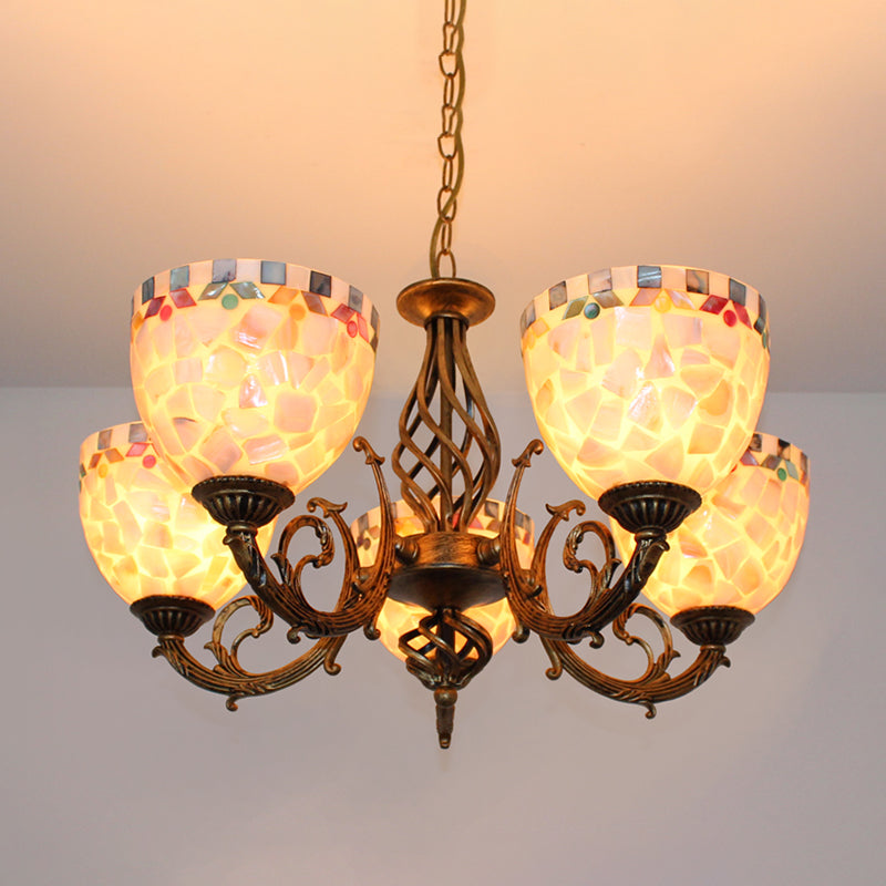 Shell Domed Ceiling Chandelier Tiffany Style 5/9/11 Lights Beige Suspension Pendant for Bedroom 5 Beige Clearhalo 'Ceiling Lights' 'Chandeliers' 'Industrial' 'Middle Century Chandeliers' 'Tiffany Chandeliers' 'Tiffany close to ceiling' 'Tiffany' Lighting' 303361